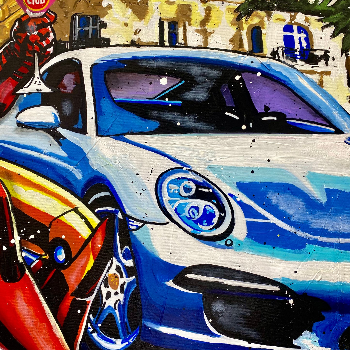 Iron Man enjoys a cocktail next to Porsche