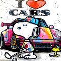 Snoopy plays golf next to Porsche
