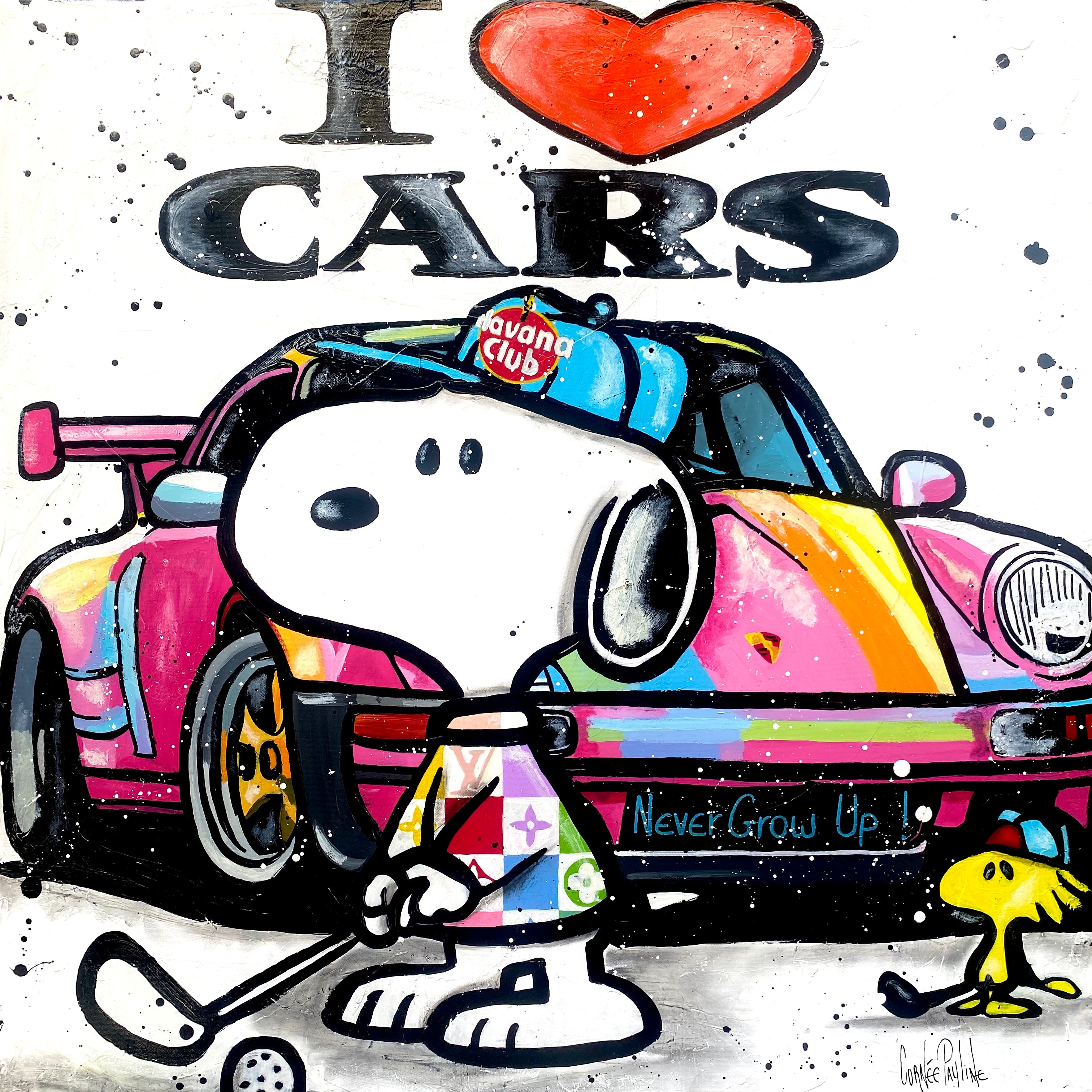 Snoopy plays golf next to Porsche
