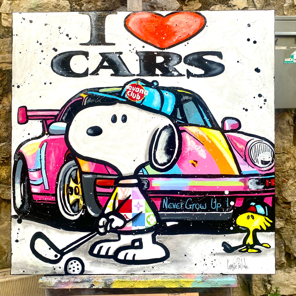 Snoopy plays golf next to Porsche