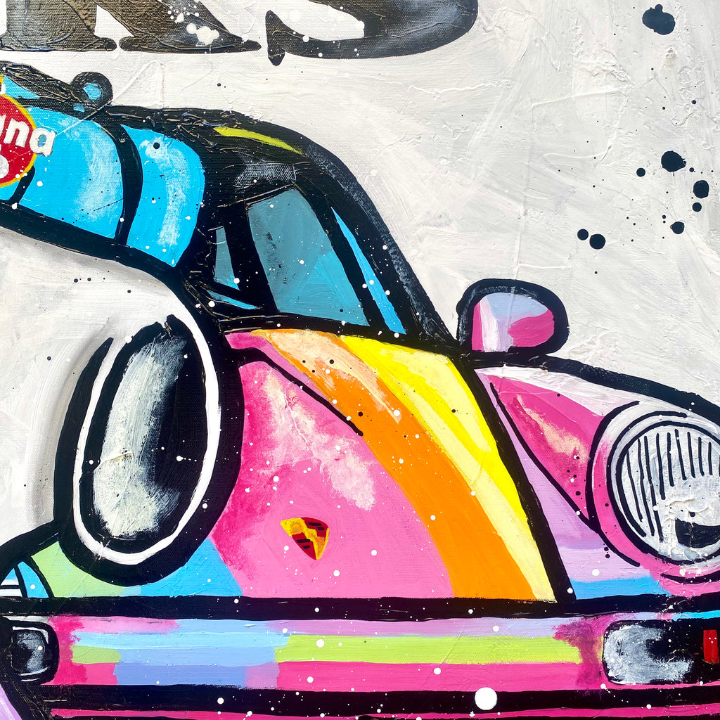 Snoopy plays golf next to Porsche