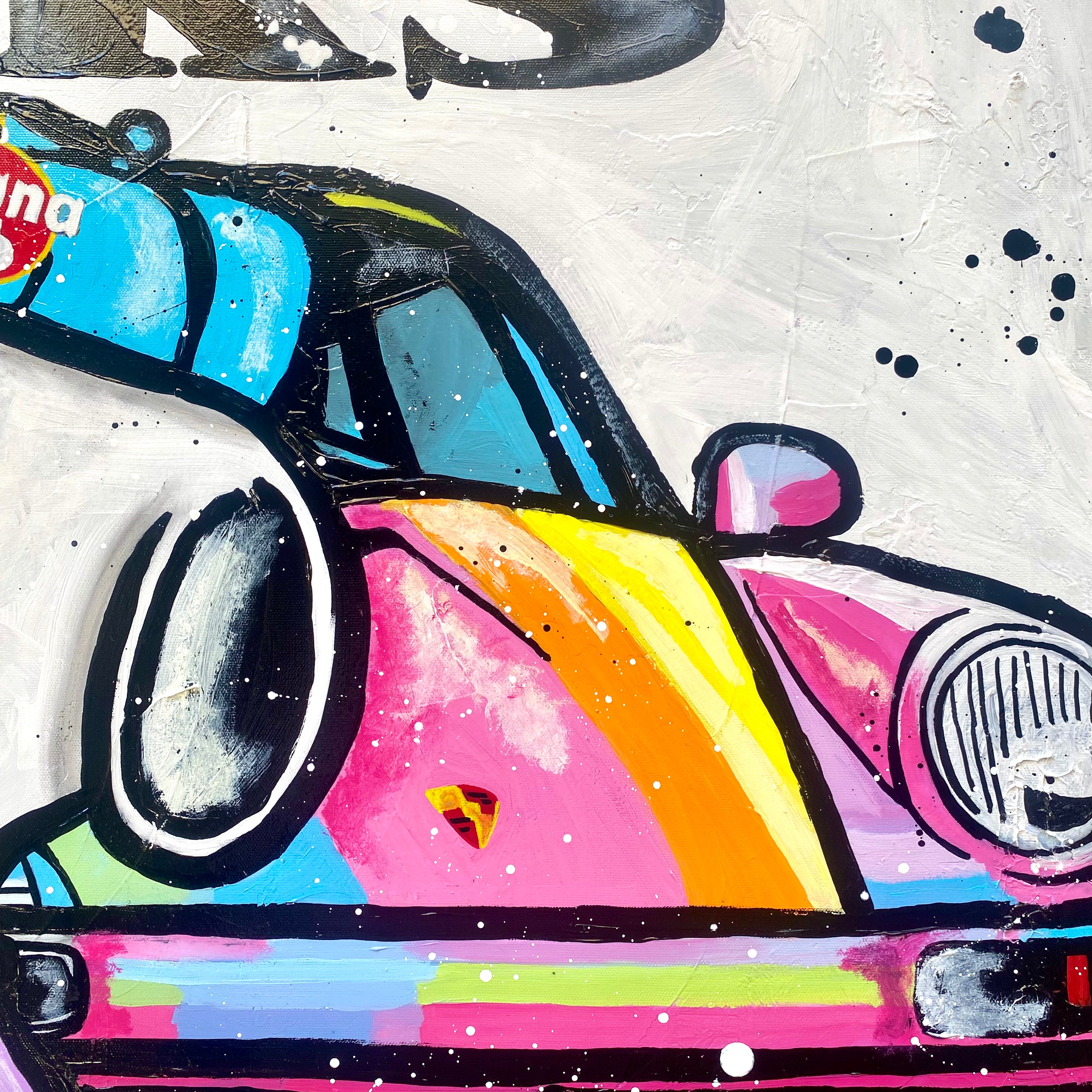 Snoopy plays golf next to Porsche