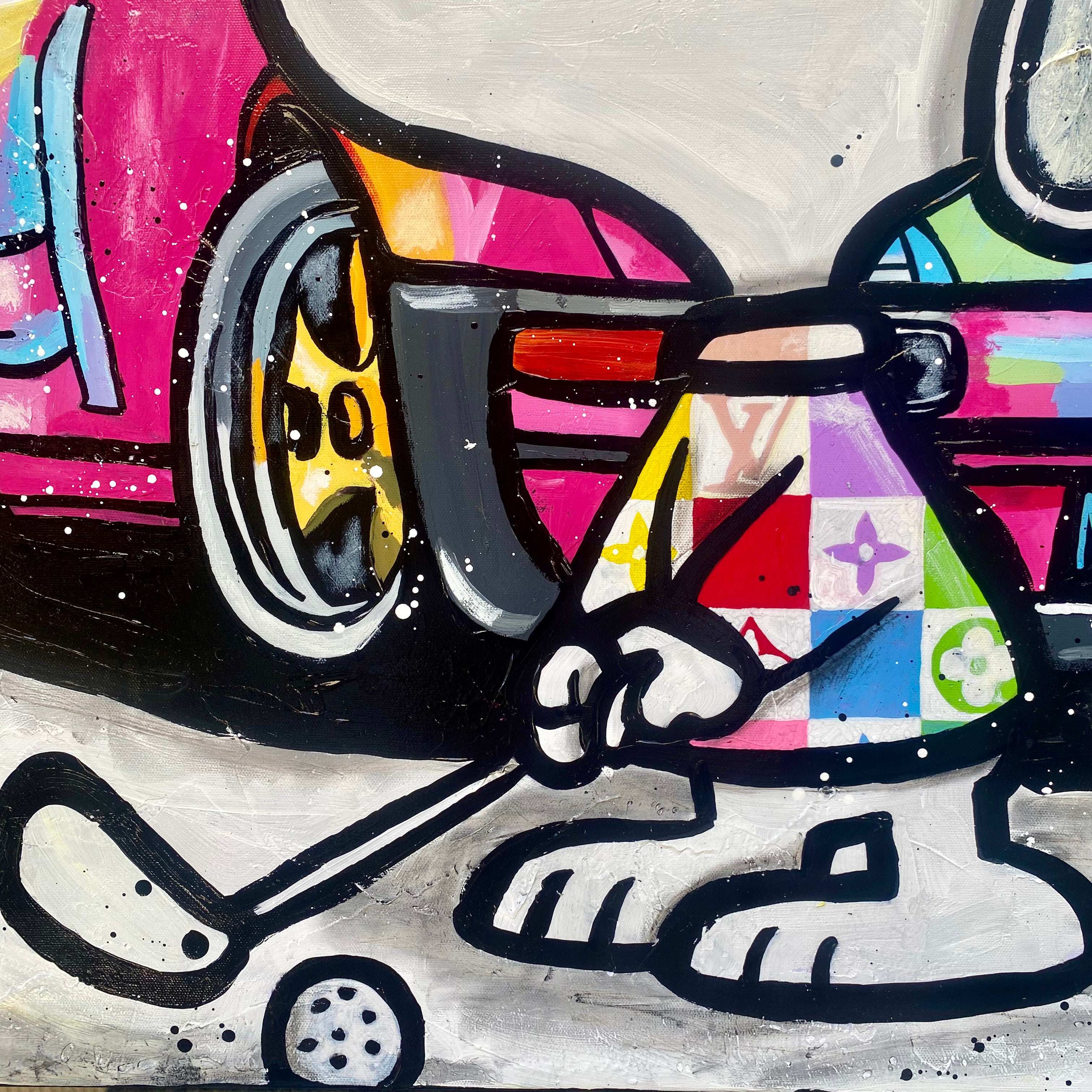 Snoopy plays golf next to Porsche